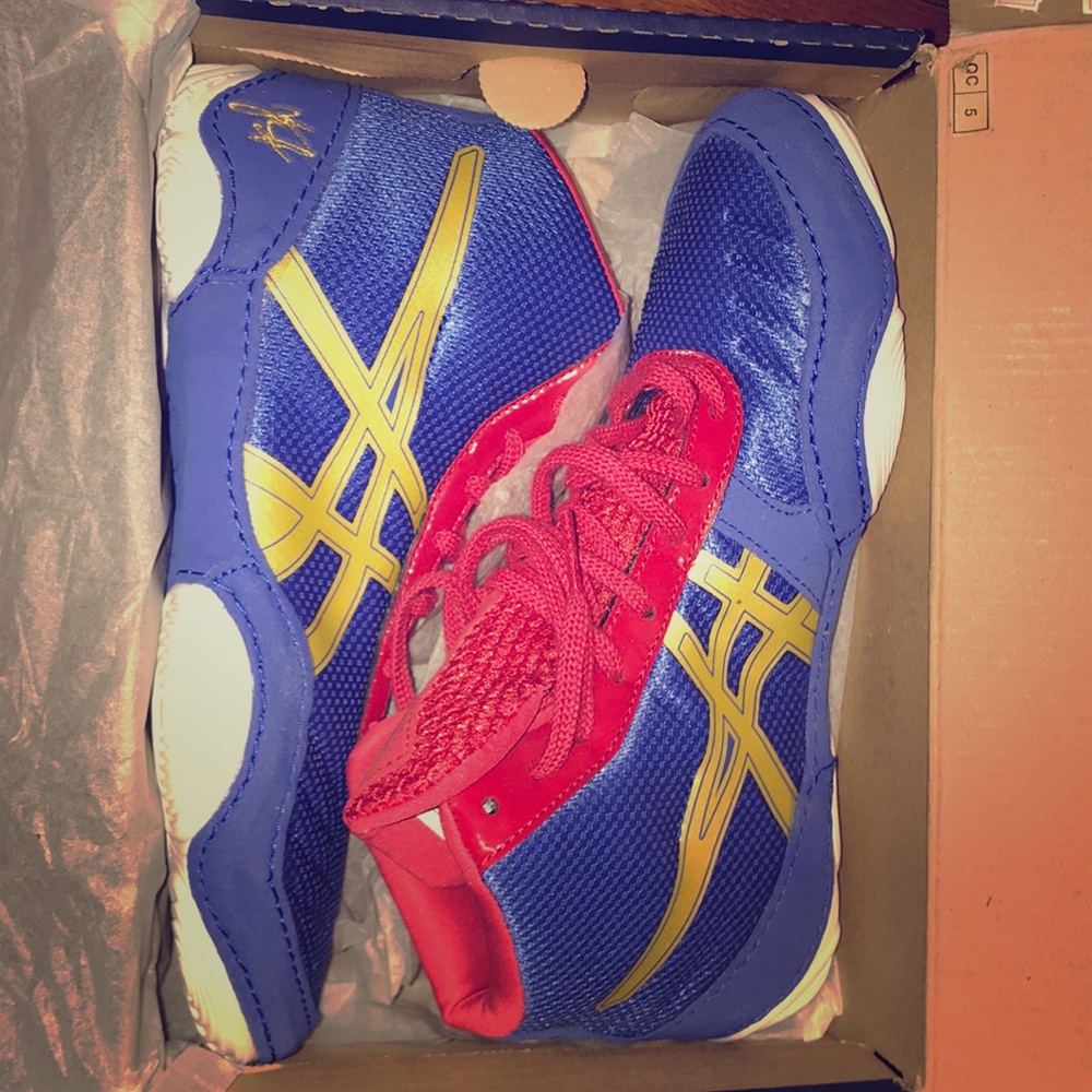 ASICS Blue Red and Gold Wrestling Shoes